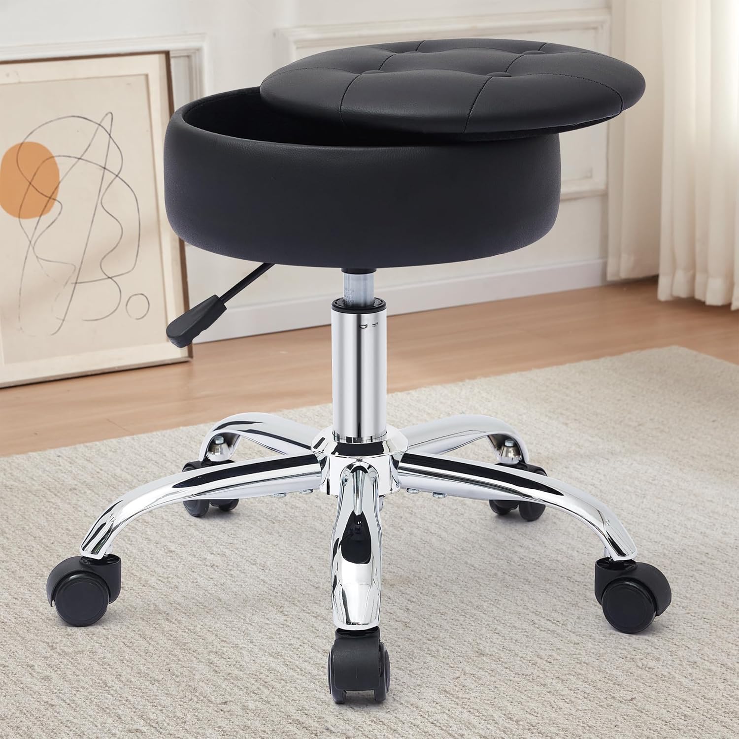 a black chair with wheels