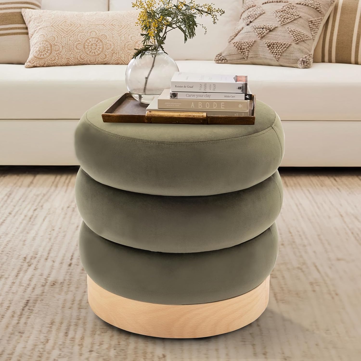  Velvet Ottoman Footstool, Tufted Modern Foot Rest Stool with Wood Base for Living Room, Bedroom, Desk, Round Versatile Side End Table, Pouf, Makeup...