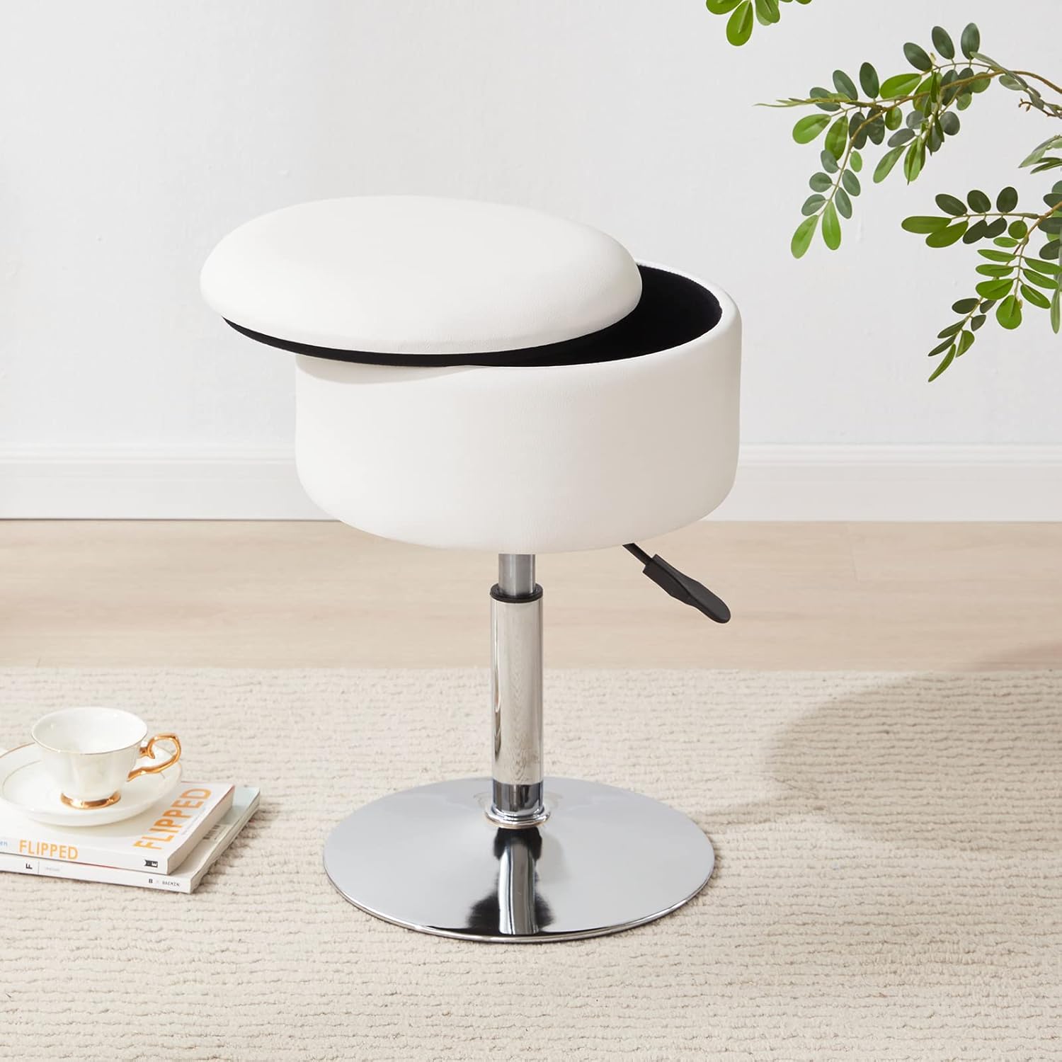 Adjustable Ottoman Stool White Vanity Stool Vanity Chair for Makeup Room Stool Chair for Vanity Stool with Storage Makeup Stools with Storage Swivel Makeup Chair for Bathroom Faux Leather
