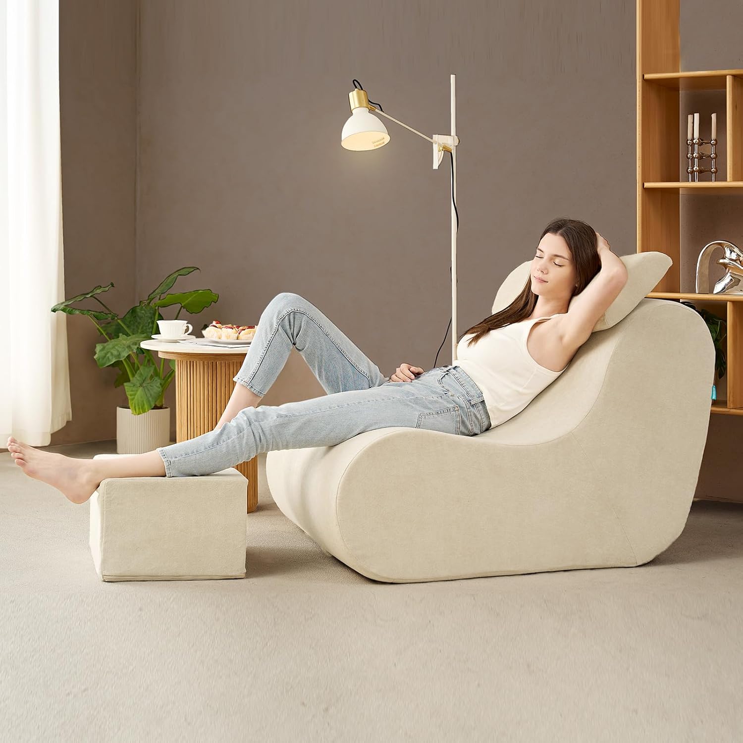  Bean Bag Chair for Adults with Ottoman, High-Density Foam Bean Bag Sofa with Waist Support, Soft & Cozy Jacquard Lazy Floor Sofa for Bedroom, Reading Chair for Living Room, Beige