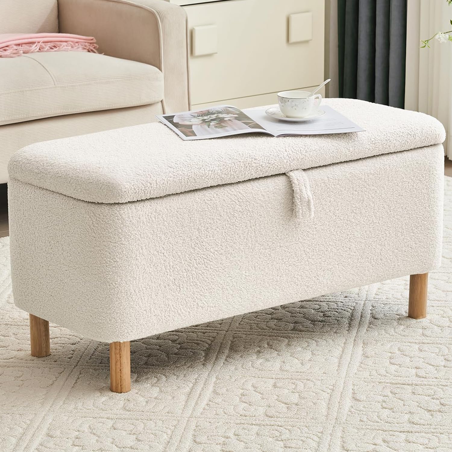 Boucle Storage Ottoman Bench for Bedroom end of Bed, Sherpa Upholstered Shoe Seat Storage Beach for Entryway Bed Foot, Rectangle Cushion Padded Blanket Chest Cute for Living Room, Off White
