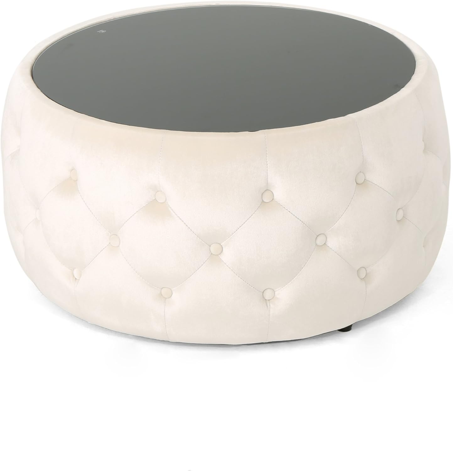 a white round ottoman with a black top