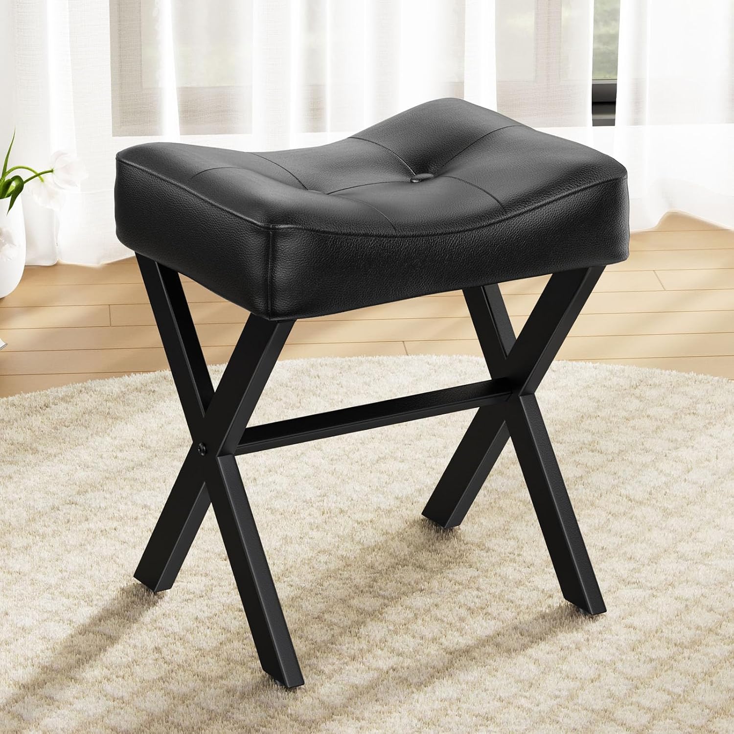 Best Ottoman Foot Rest, 18 inch Leather Vanity Stool Chair, Thick Padded Saddle Seat with Metal X-Leg, Small Chair Under Desk for Vanity, Living Room, Couch - Black
