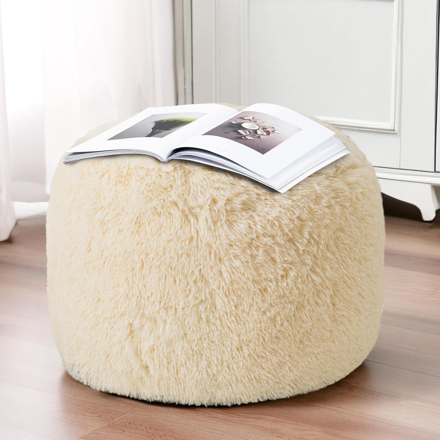 Round Stuffed Pouf Ottoman, Long Faux Fur Poufs with Foam Chunk Filling, Fluffy and Furry Pouf Foot Stool Storage Ottoman, 20 X 15 Floor Poufs Foot