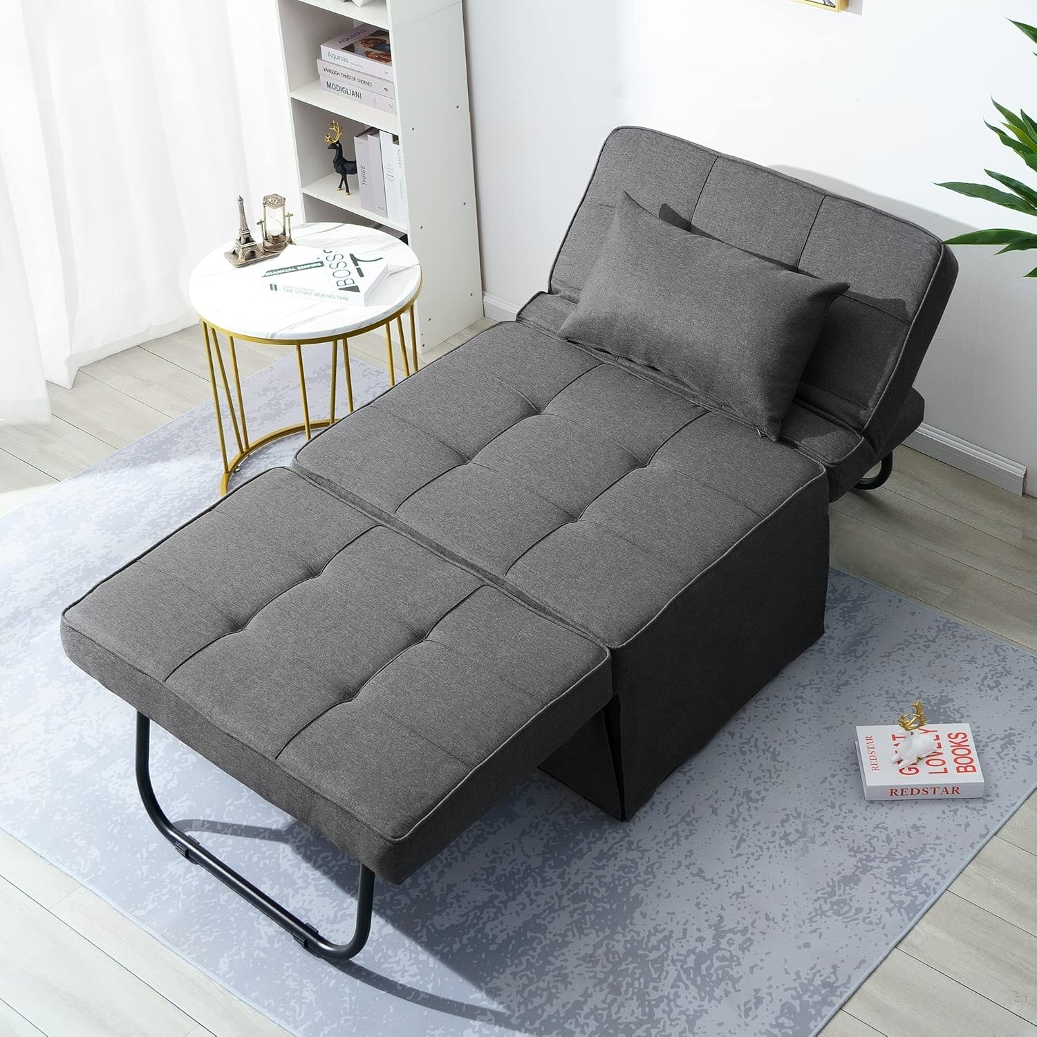 Sofa Bed, 4 in 1 Multi-Function Folding Ottoman Breathable Linen Couch Bed with Adjustable Backrest Modern Convertible Chair for Living Room Apartment Office, Dark Grey
