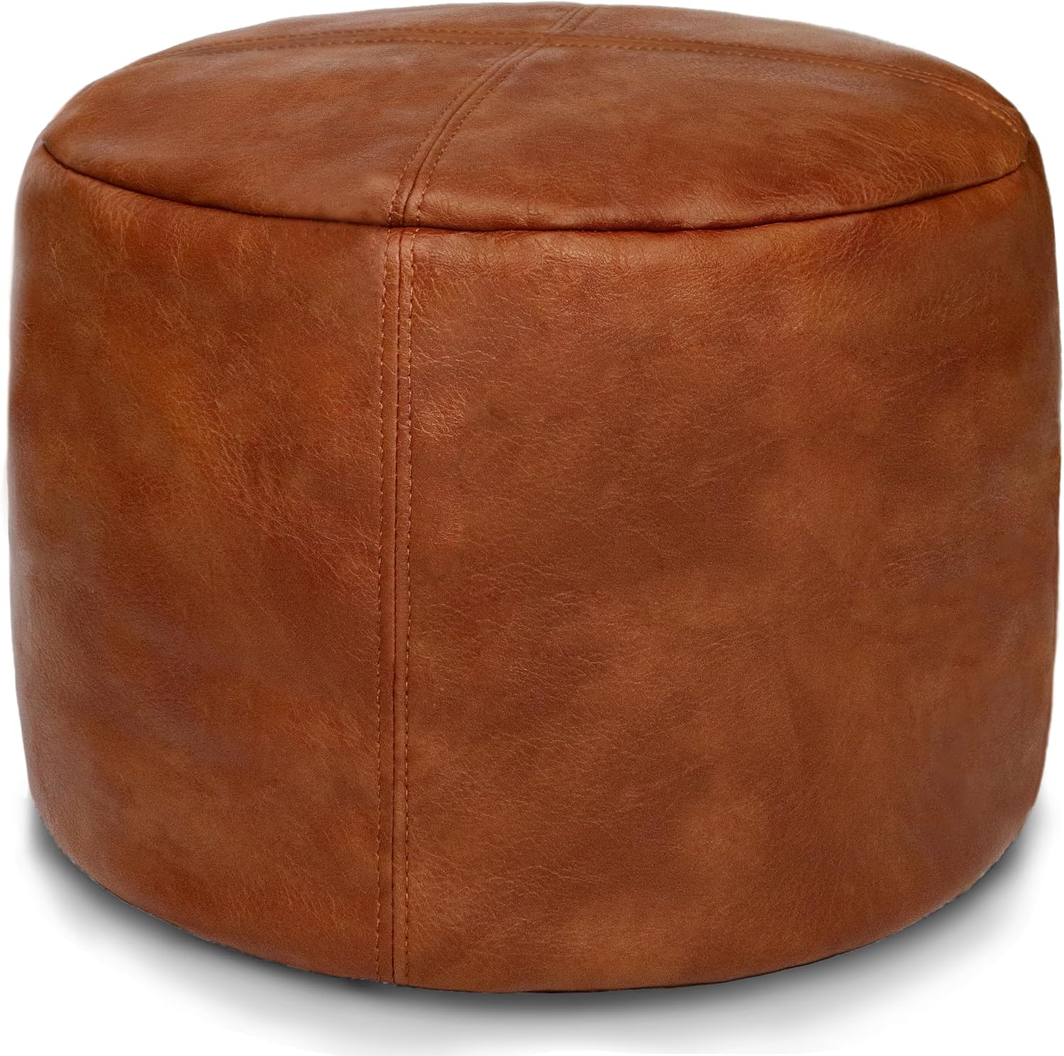 Unstuffed Faux Leather Pouf Cover, Handmade Footstool Ottoman Storage Solution, Floor Footrest Cushion, 16.5”Dx12”H, Amaretto