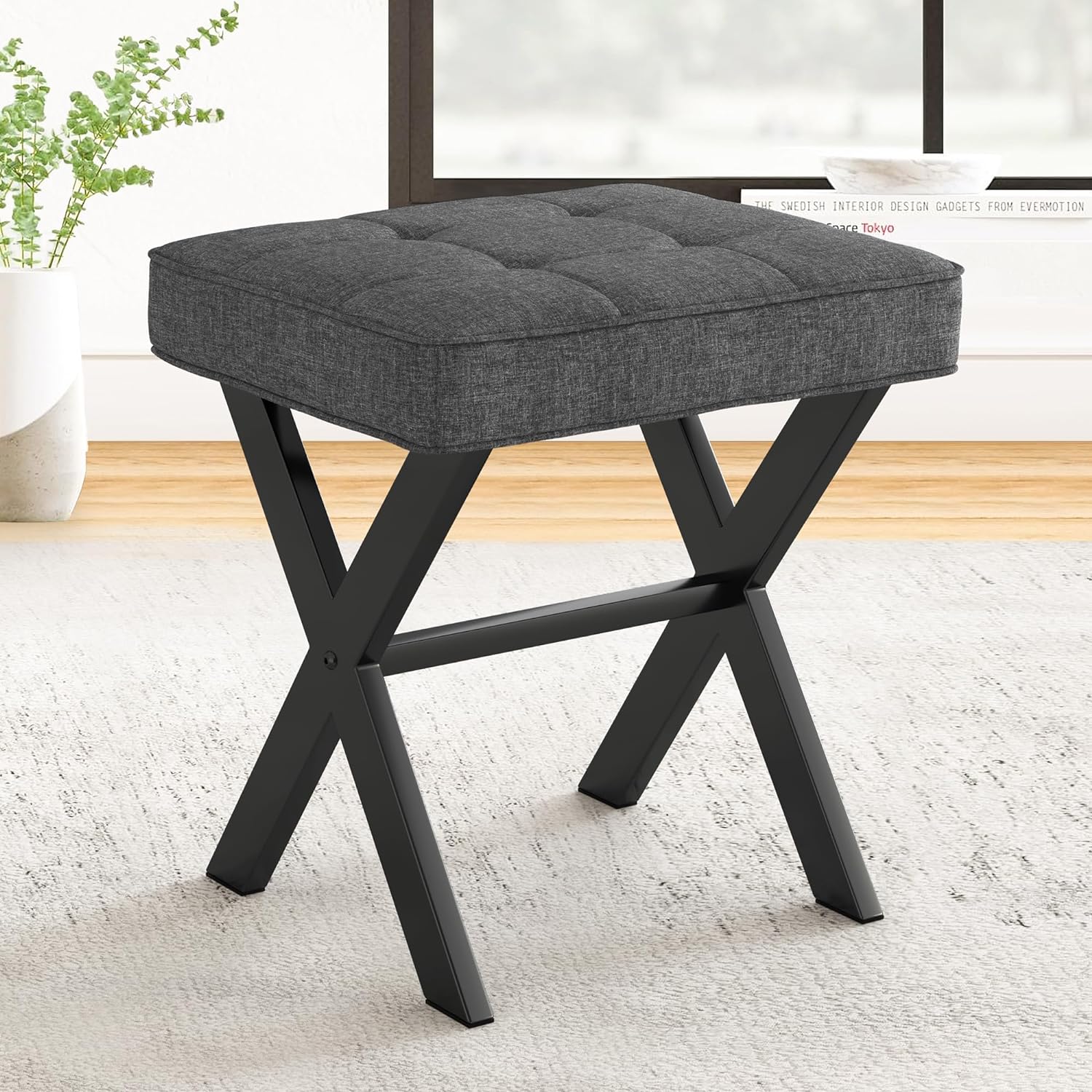 Vanity Stool, Square Linen Makeup Stool with Metal X Legs, Small Ottoman Stool Chair for Vanity, Modern Padded Vanity Seat Foot Rest Stool for Makeup Room, Living Room, Bathroom, Carbon Gray