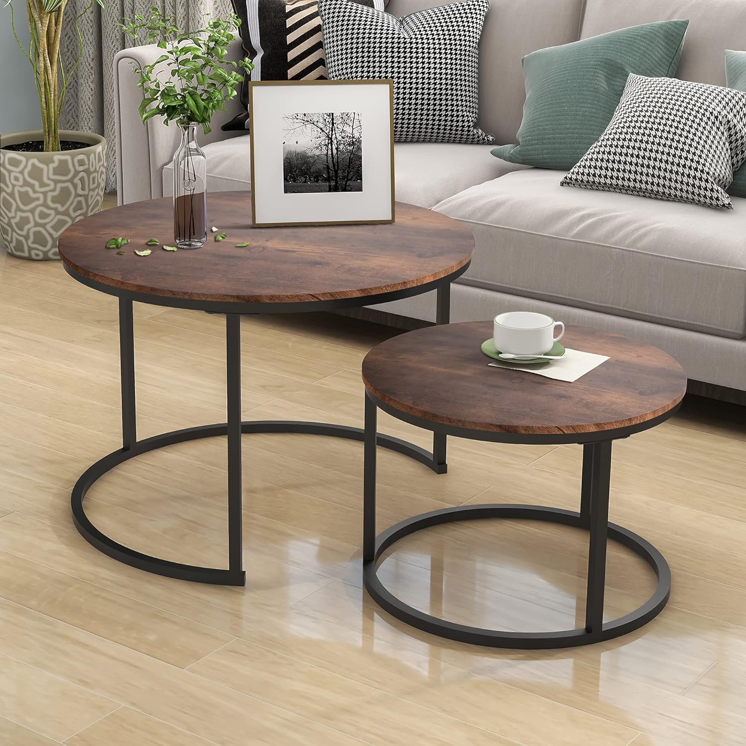 a two round tables in a living room