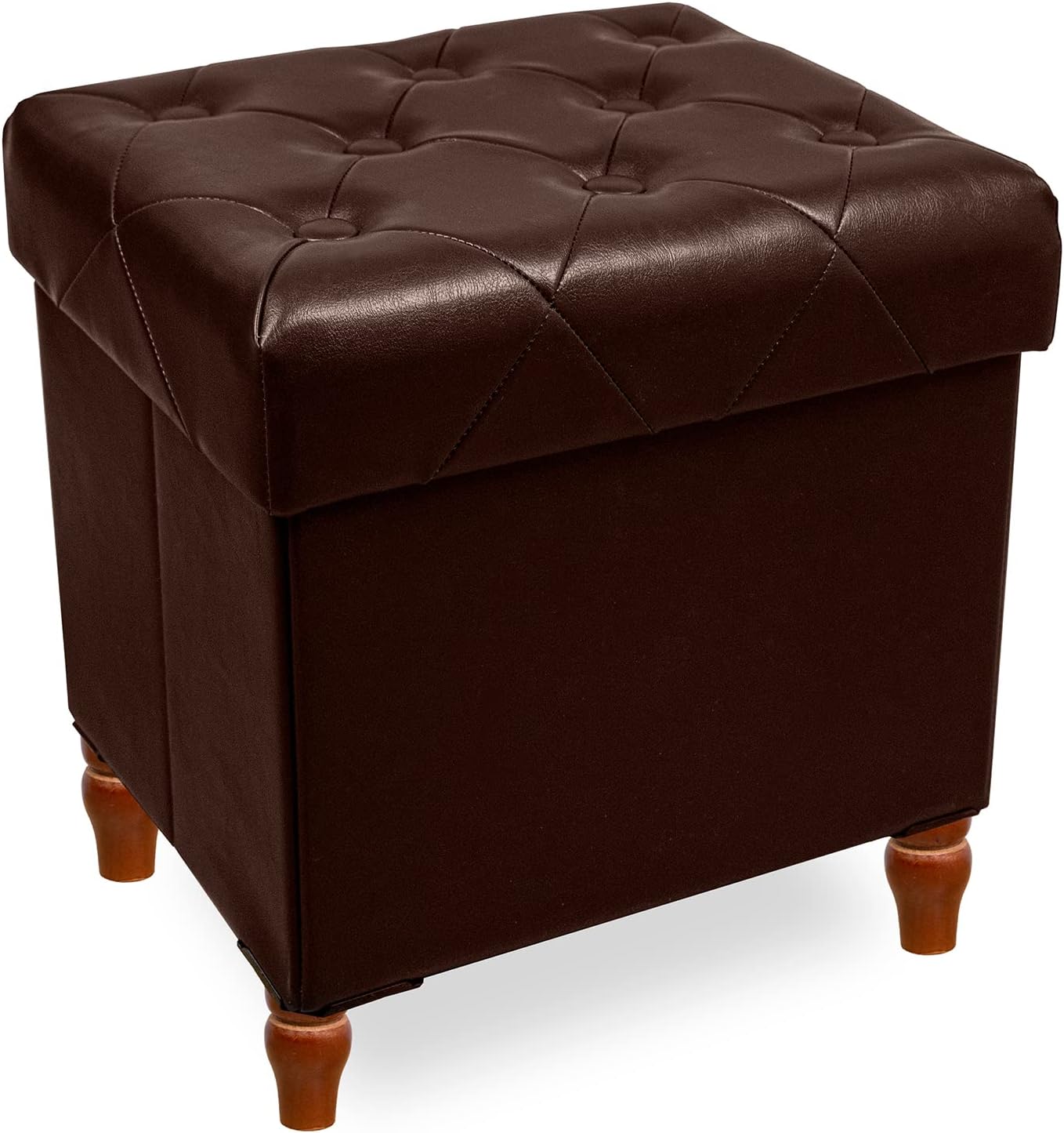 Folding Storage Ottoman Cube PU Leather Footstool with Wood Legs Toy Storage for Living Room and Bedroom Brown,