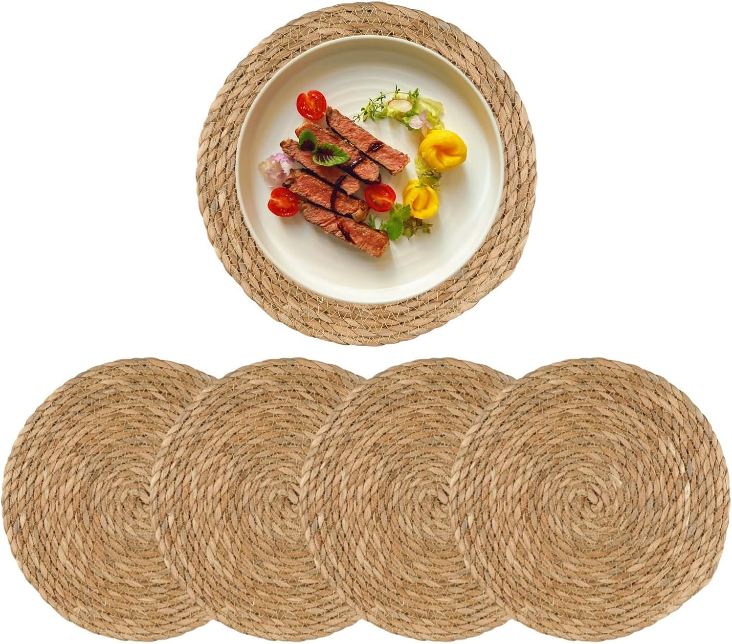 Round Woven Placemats Set of 4, 12 Boho Rattan Placemats Natural Hand-Woven Place Mats Table Decor, Chargers for Dinner Plates, Farmhouse Place Mats, Wicker Table Mats for Dining Table, Home