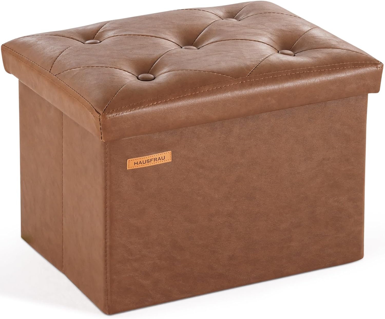  Storage Ottoman Foot Rest Stool, Small Folding Ottoman with Storage, Tufted Square Cube Footrest, Faux Leather Retro Brown