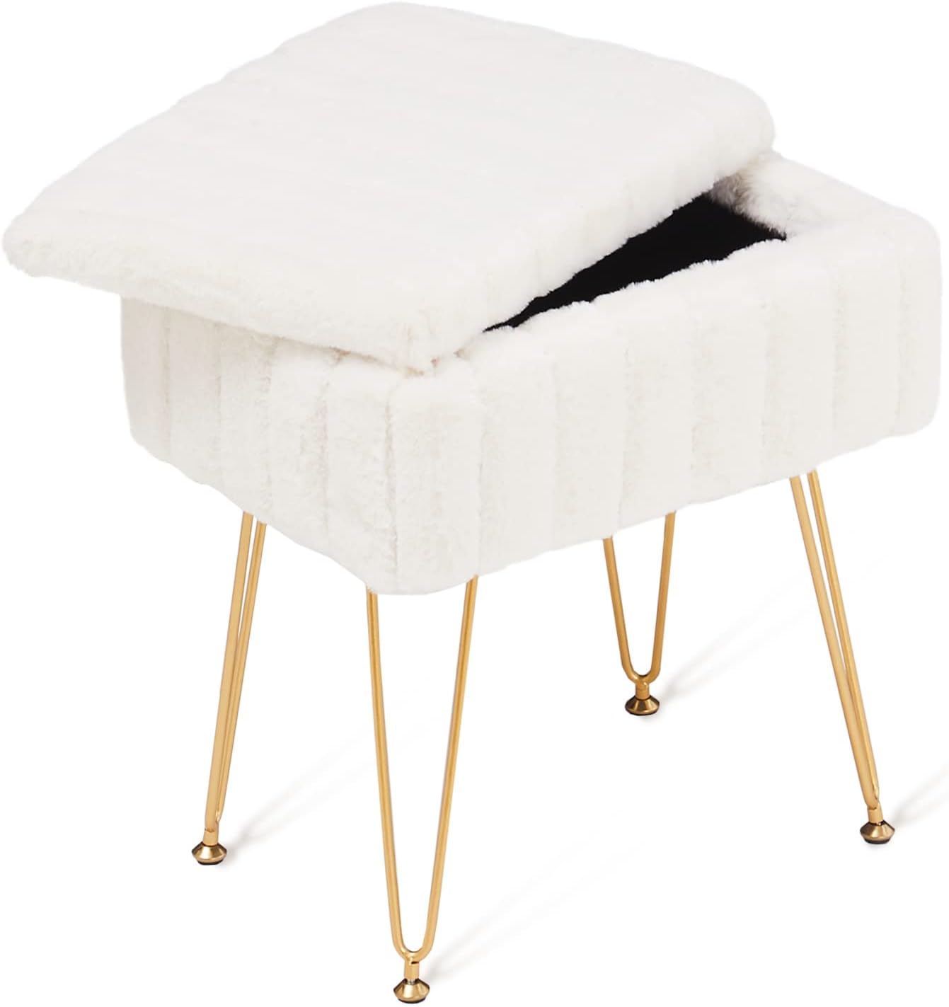 Storage Ottoman, Vanity Stools with Metal Legs, 16.5" x 11.8" x 18" Modern Faux Mink Fur Footstool, Makeup Chair with Anti-Slip Feet, Accent Table,Footrest,Storage Bench for Bedroom