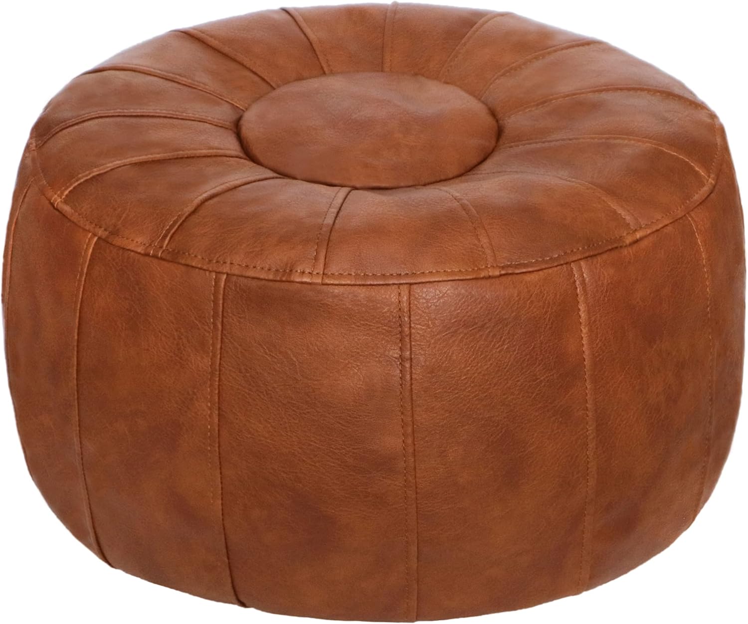 Unstuffed Handmade Moroccan Round Pouf Foot Stool Ottoman Seat Faux Leather Large Storage Bean Bag Floor Chair Foot Rest for Living Room, Bedroom or Wedding Gifts (Light Brown)