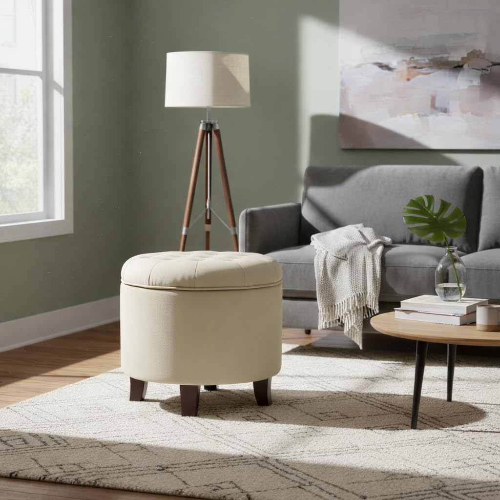 HomePop Large Distressed Brown Faux Leather Round Storage Ottoman 25 inch easy clean traditional