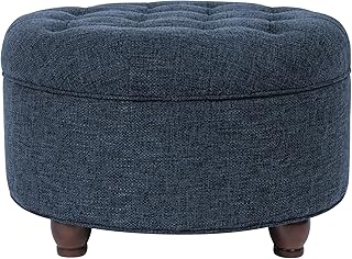 HomePop Large Natural Tan Woven Round Tufted Storage Ottoman 25 inch warm living room