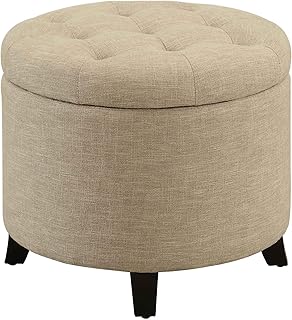 HomePop Large Button Tufted Woven Round Storage Ottoman Gray 25 inch living room footrest